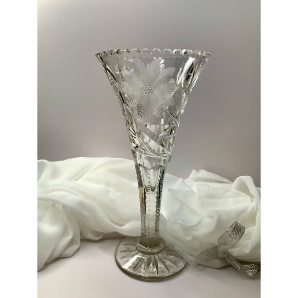 Vintage Crystal Cut/Etched Vase with Flowers & Leaves, sm. chip on foot as shown - Picture 1 of 10